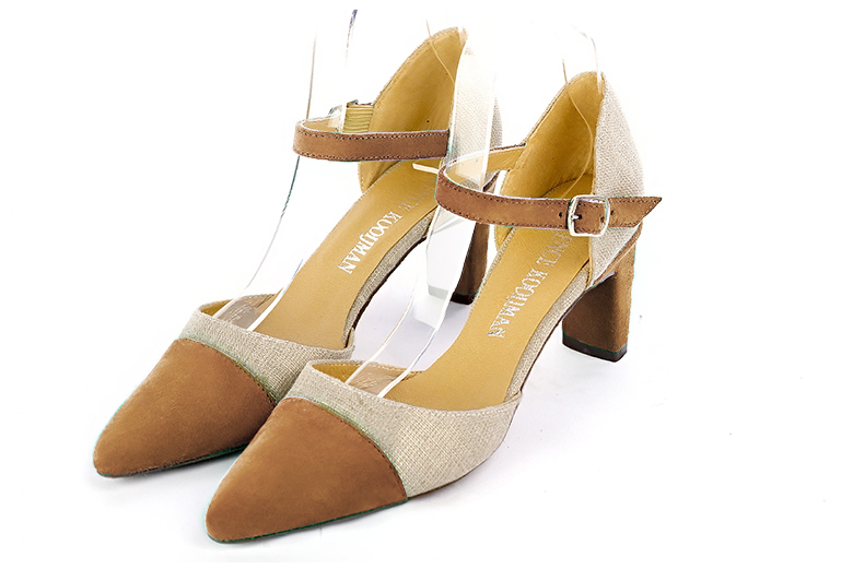 Camel beige and gold women's open side shoes, with an instep strap. Tapered toe. Medium comma heels. Front view - Florence KOOIJMAN
